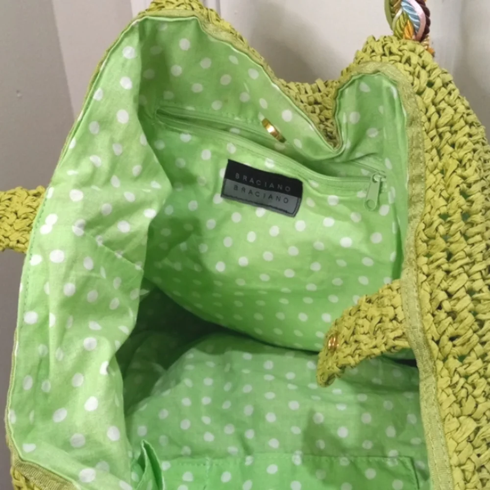 Braciano Large Lite Green Woven Purse With Colorful Braided Handles - Picture 7 of 8
